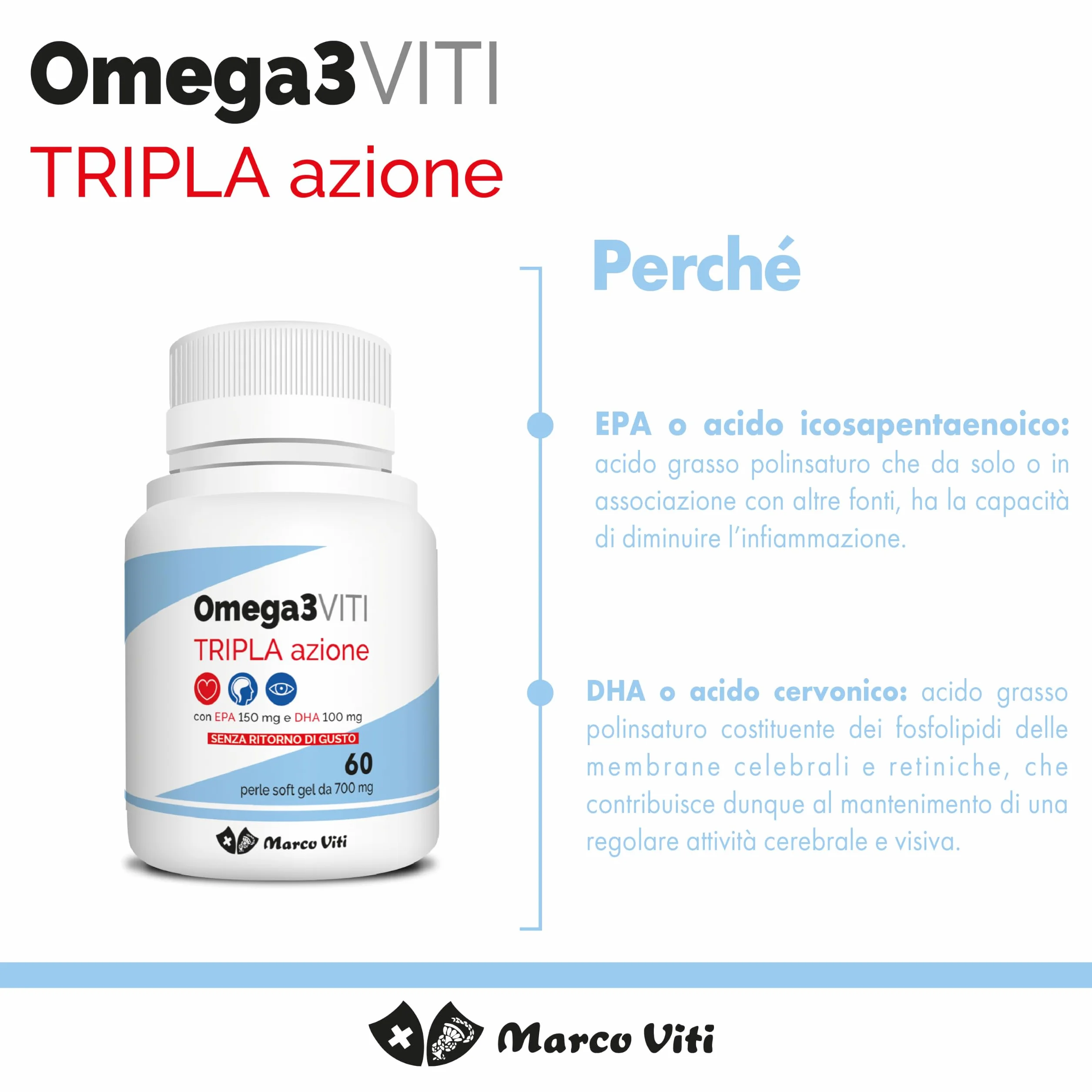 Omega3 Viti Tripla Azione Integratore Omega-3 60 Capsule 700 mg Cuore Cervello Vista