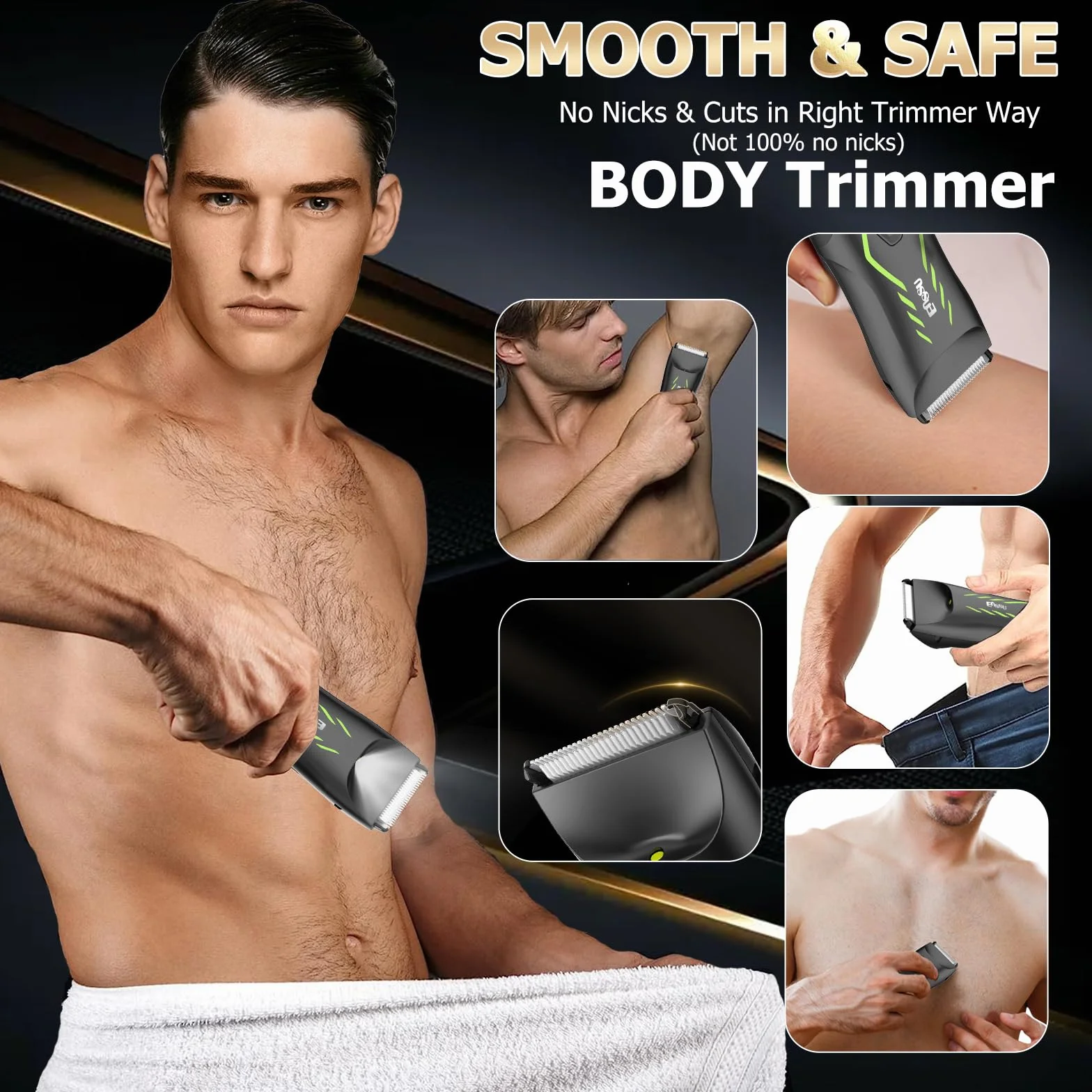 ENSSU Rasoio per peli del corpo uomo senza fili impermeabile con luce e dock di ricarica LED verde