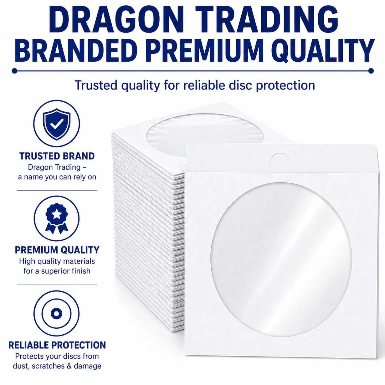 Dragon Trading, 50 buste di carta bianca per CD/DVD/Bluray con finestra trasparente