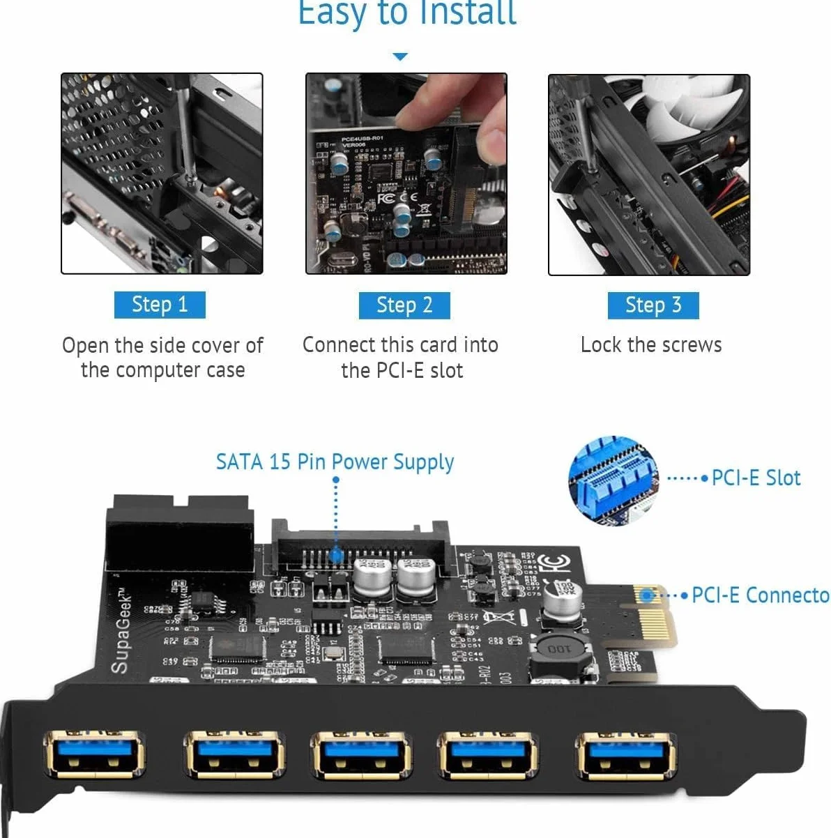 Scheda PCIE USB 3.0, 5 Porte a USB Scheda di Espansione Superspeed 5 Gbps con connettore di Alimentazione SATA a 15 Pin e interfaccia USB 3.0 a 19 Pin,Supporto Windows XP/Vista/7/8/10/ Linux