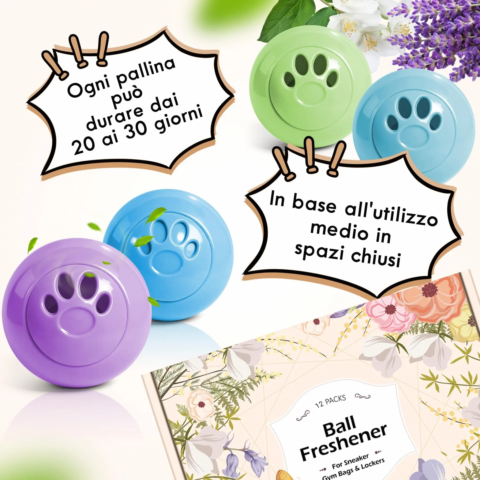 Deodoranti per Scarpe da Ginnastica 12 Palline Lavanda Lino Gelsomino Talco