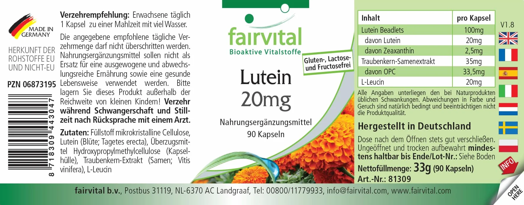 Fairvital Luteina 20 mg + Zeaxantina, 90 capsule, vegane, senza stearato di magnesio