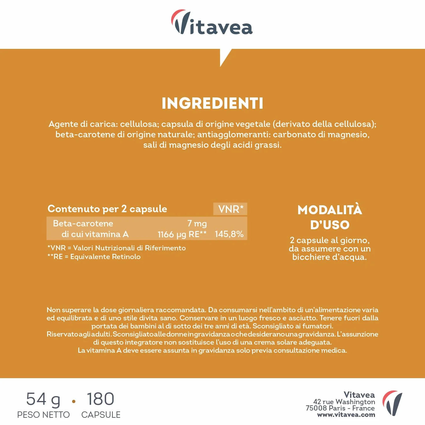 Vitavea Betacarotene Integratore Abbronzatura Forte 180 Capsule - Attivatore Melanina da Carota - Vitamina A Naturale