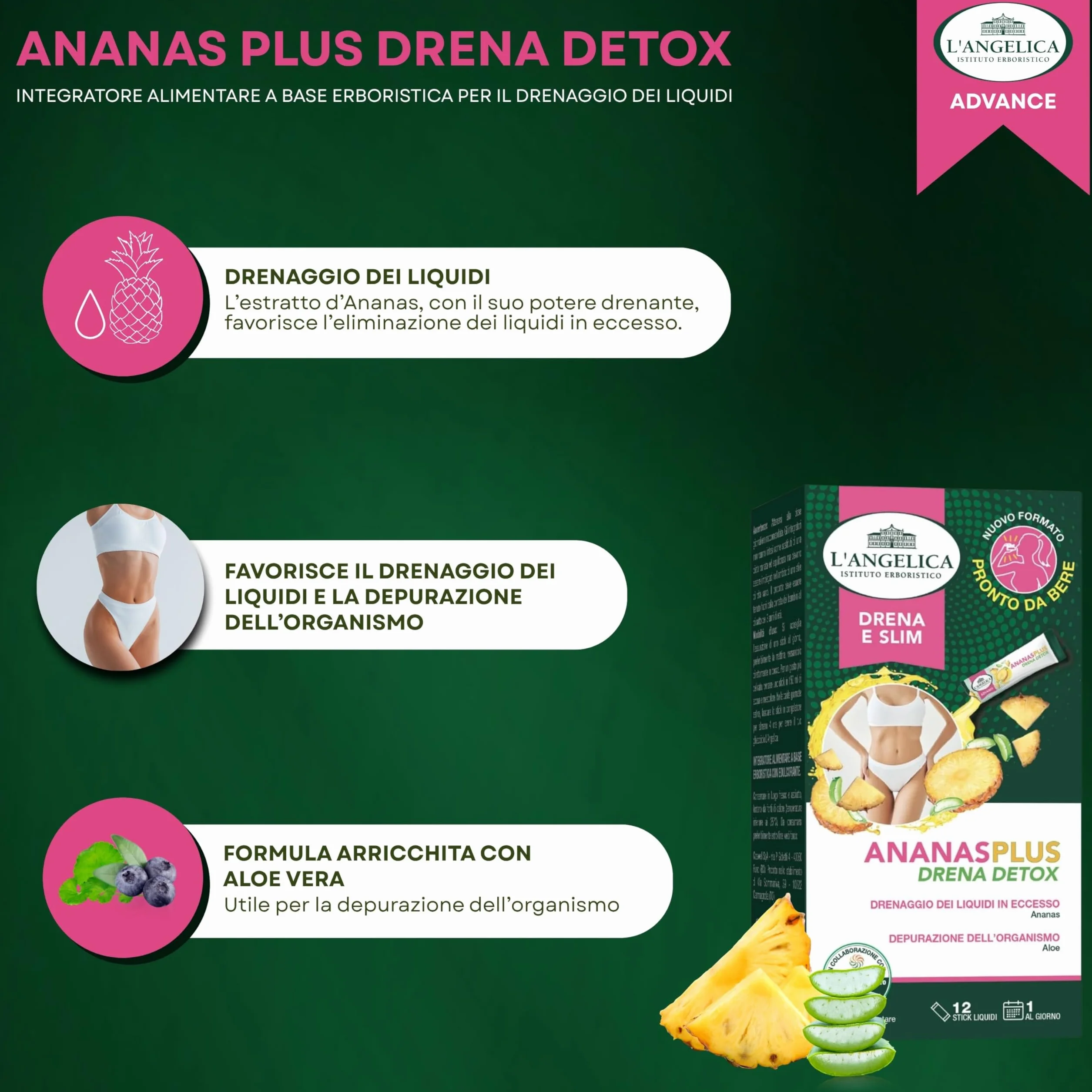 L'Angelica Ananas Plus Drena Detox Integratore Alimentare Drenaggio Depurazione Ananas Aloe Vera 12 Stick