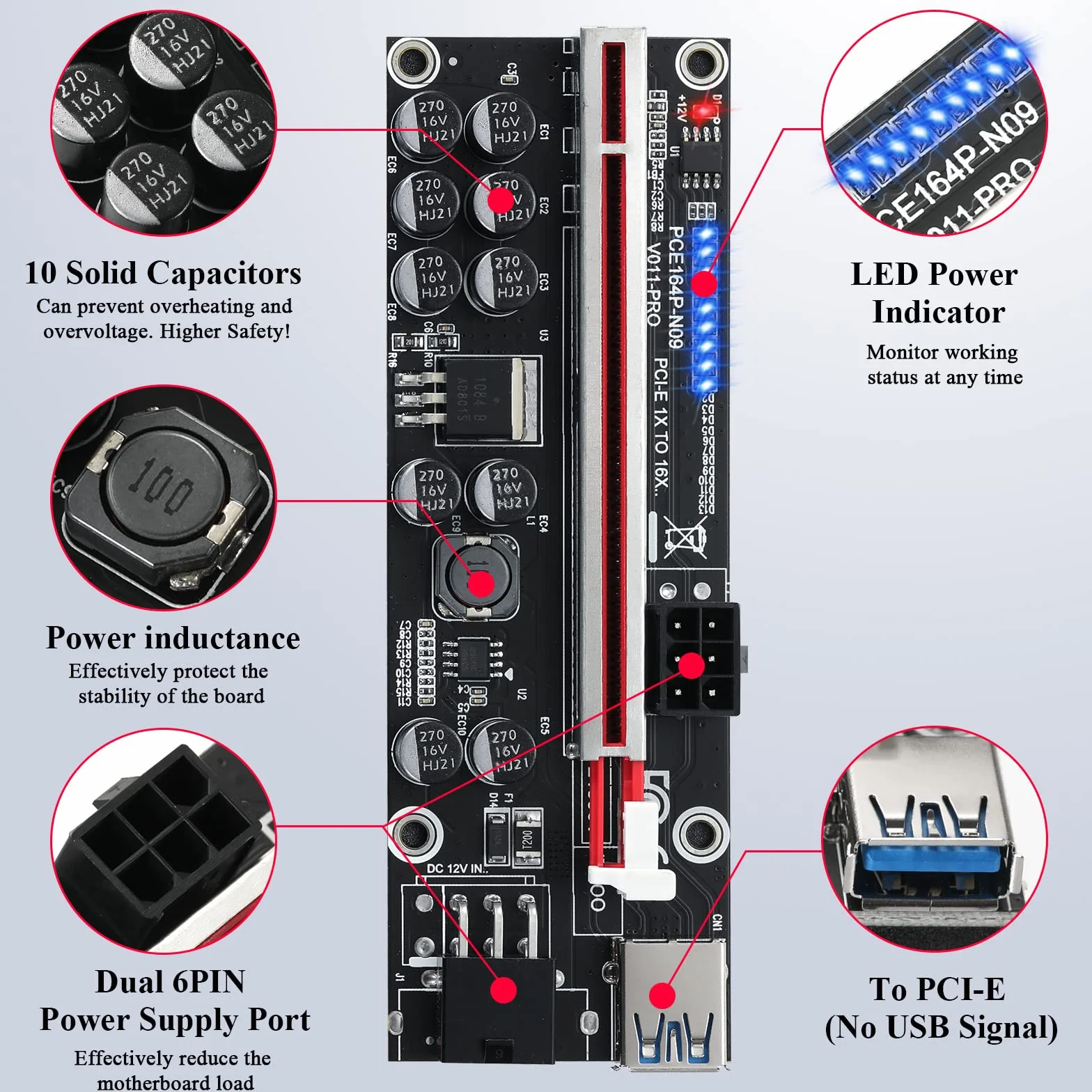 PCIe Riser Adapter Card, PCI-E Riser 1X to 16X Graphics Extension per Ethereum ETH Bitcoin Mining Devices, Digital Cryptocurrency Mining Rig (6 Pezzi)