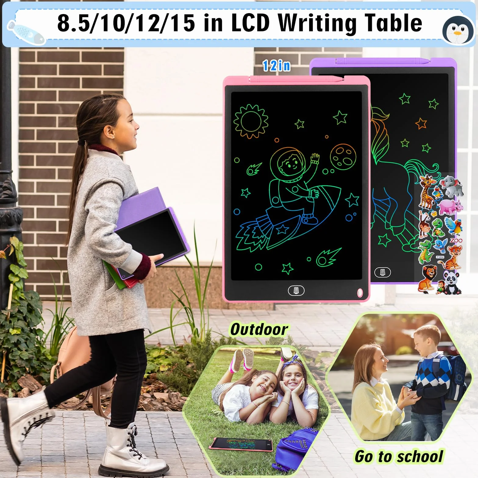 Tavoletta Grafica LCD 13 Pollici Schermo Colorato per Bambini, Taccuino Cancellabile con Adesivi Animali, Rosa e Viola, 2 Pezzi