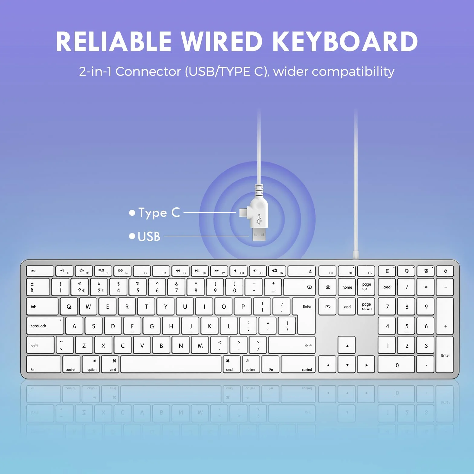 Seenda JP208 Tastiera cablata per Mac OS, esterna sottile full-size con tastierino numerico USB A e tipo C, layout Qwerty UK, bianco