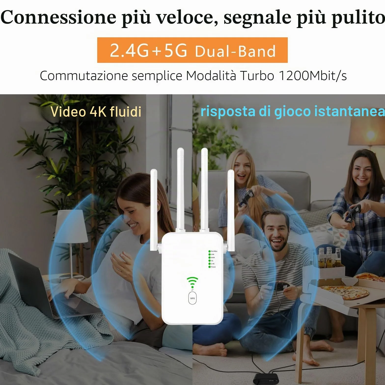 Amplificatore WLAN, ripetitore WLAN 1200 Mbit/s con tecnologia a 4 antenne, WiFi a doppia banda coprente 2,4 + 5 GHz, senza zone morte, ricezione stabile per tutta la casa
