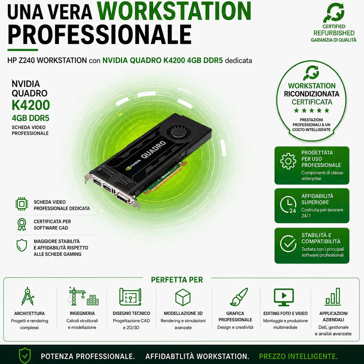 HP Z420 Workstation per CAD e Uffici Tecnici • Intel Xeon E5-1603 • 32GB RAM • SSD 240GB • NVIDIA Quadro K4200 4GB GDDR5 • Windows 11 Pro - Office 365 free • WiFi • Ricondizionata