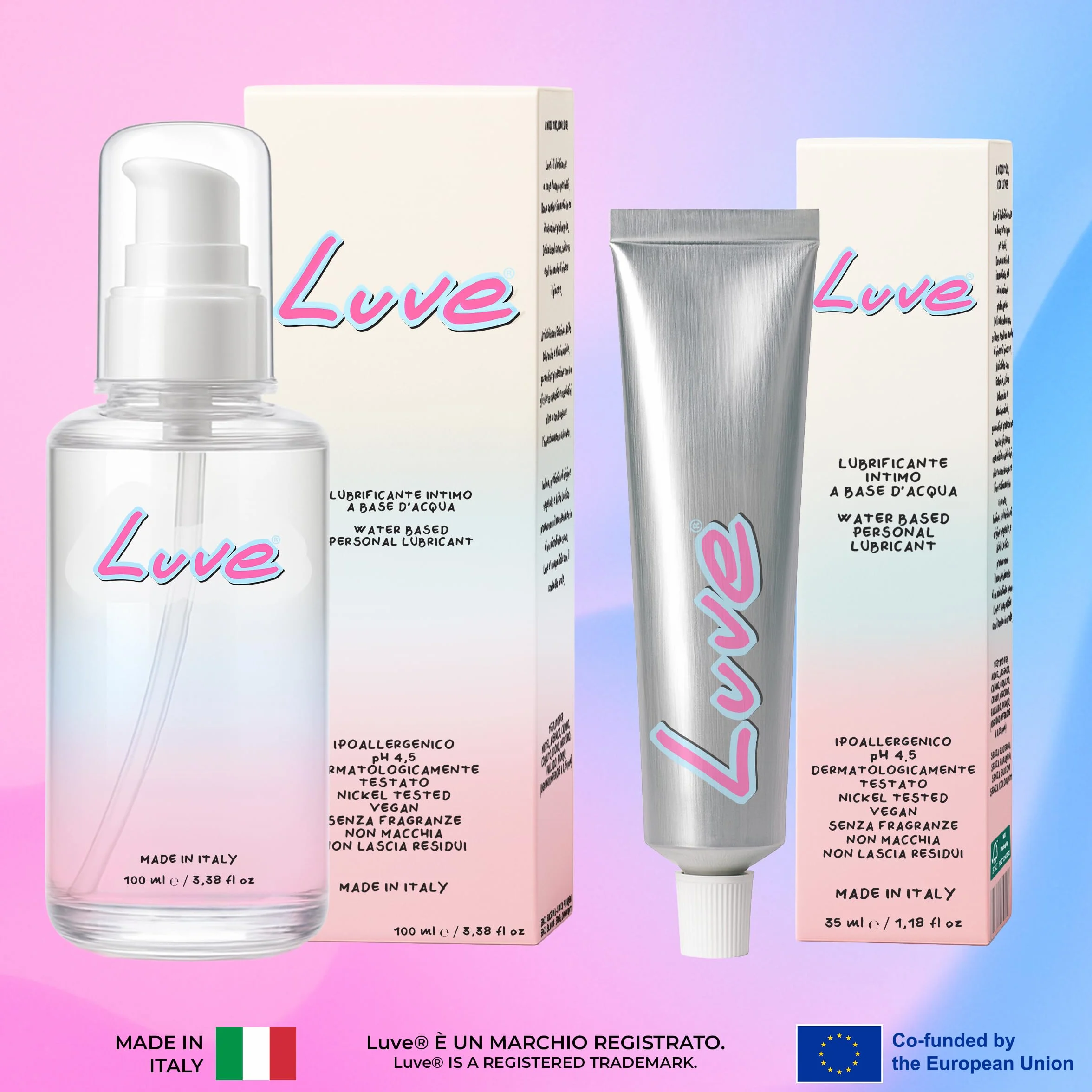 Luve Lubrificante Intimo a Base d'Acqua 35ml Ipoallergenico pH 4.5 Acido Ialuronico Niacinamide Ectoina Nickel Tested Vegan Made in Italy
