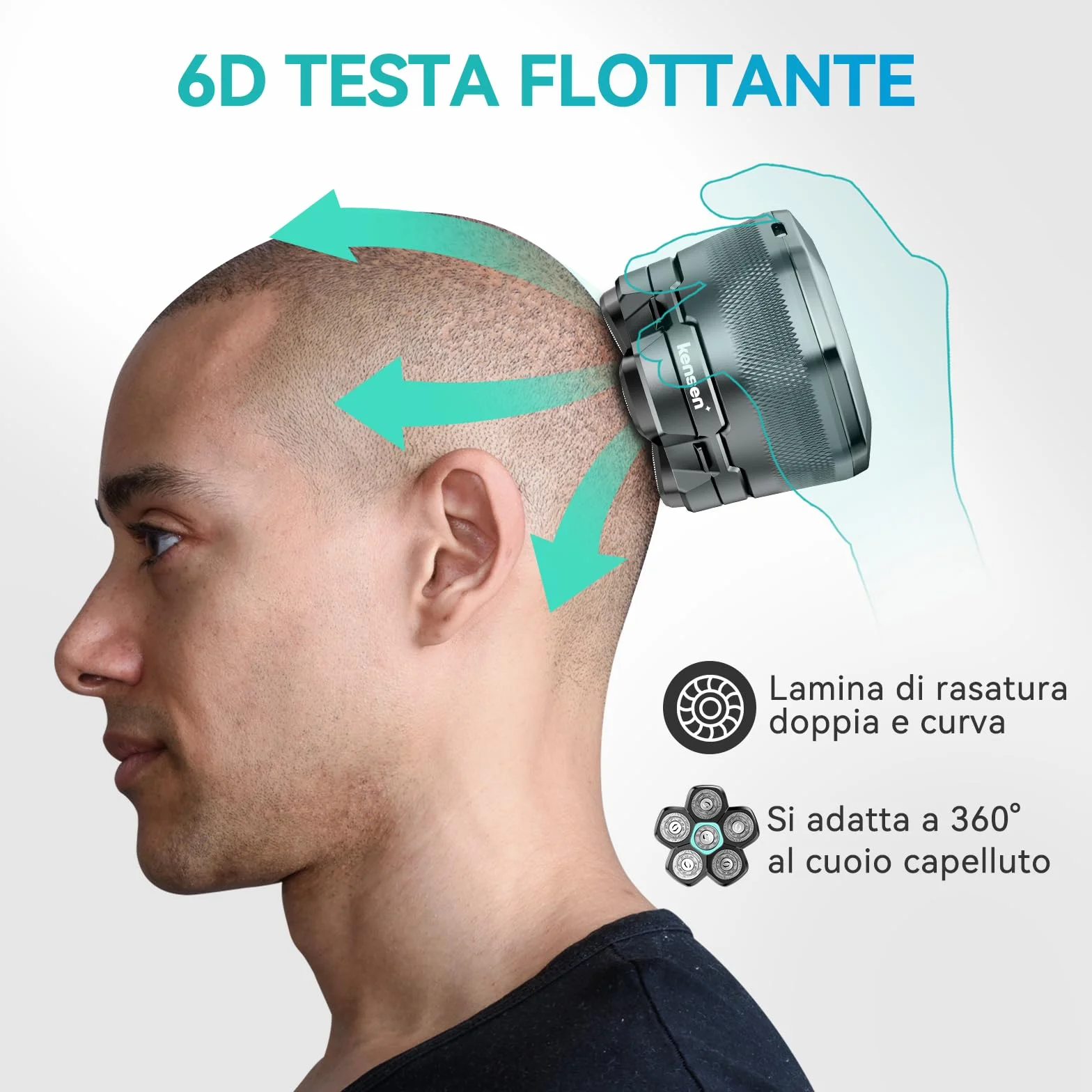 Kensen Rasoio Elettrico Testa Calva Uomo 6D Impermeabile Cordless 160 Minuti Autonomia USB-C