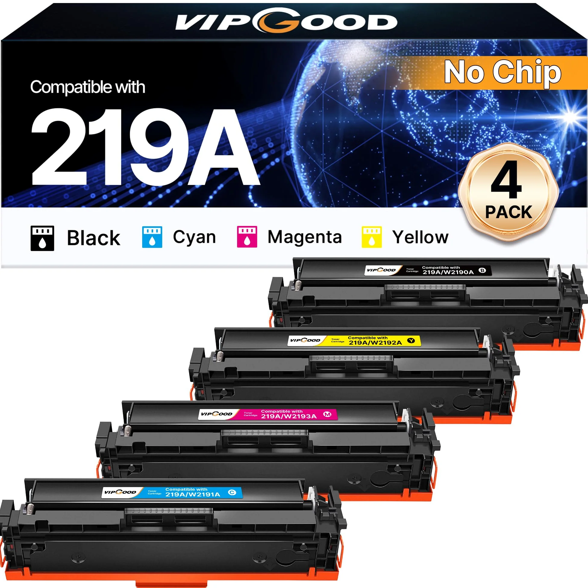 VIPGOOD 219A Toner Compatibile per HP 219X 219A Toner (Senza Chip, 4-Pack) | Compatibili per HP Color Laserjet Pro MFP 3302FDWG 3302SDWG 3302FDNG 3202DW 3302FDW 3302SDW (Nero Ciano Giallo Magenta)