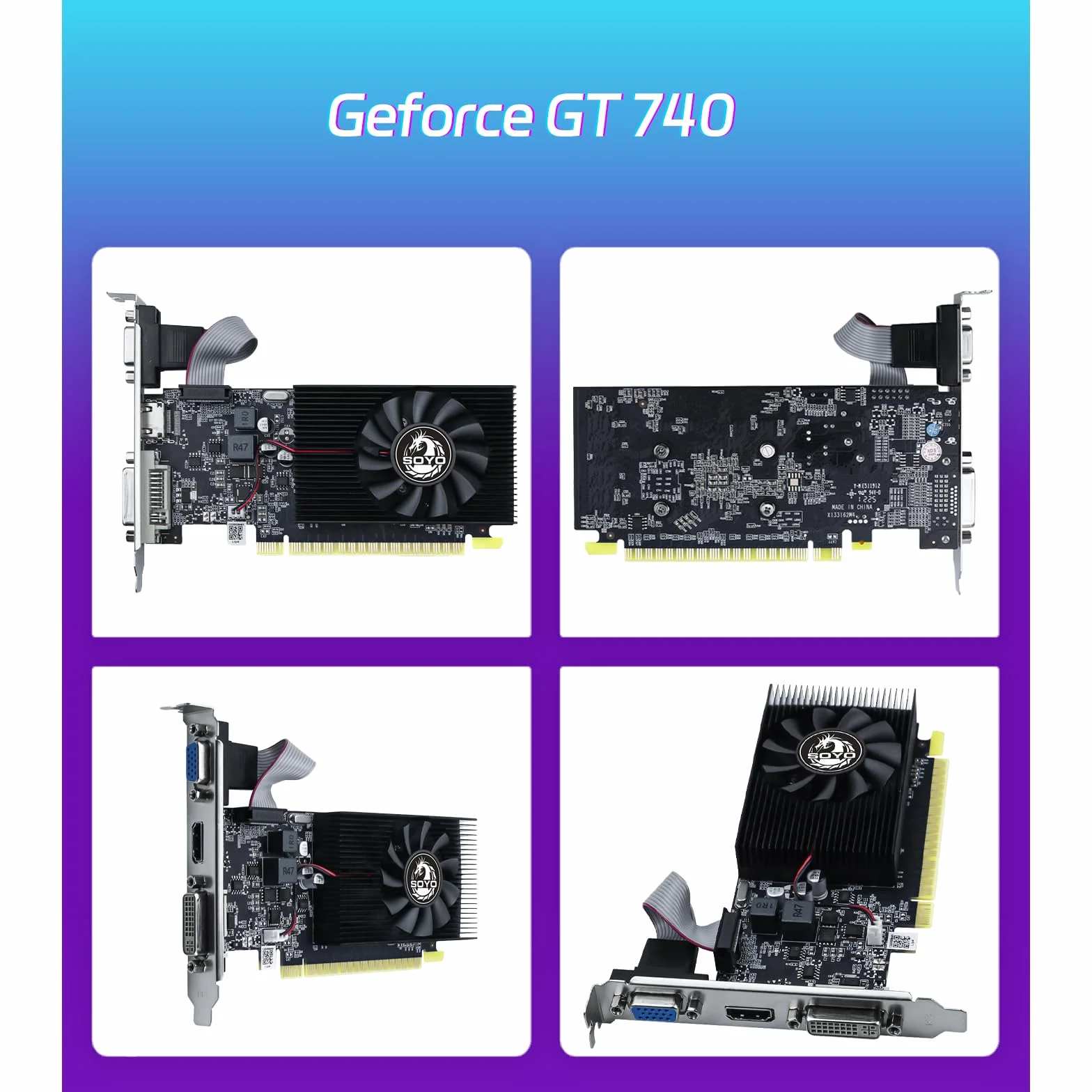 SOYO Geforce GT740 - Scheda grafica a basso profilo, scheda video DDR3 da 4 GB a 128 bit con HDMI, VGA, DVI, PCI Express x16 3.0, ventola singola per computer GPU