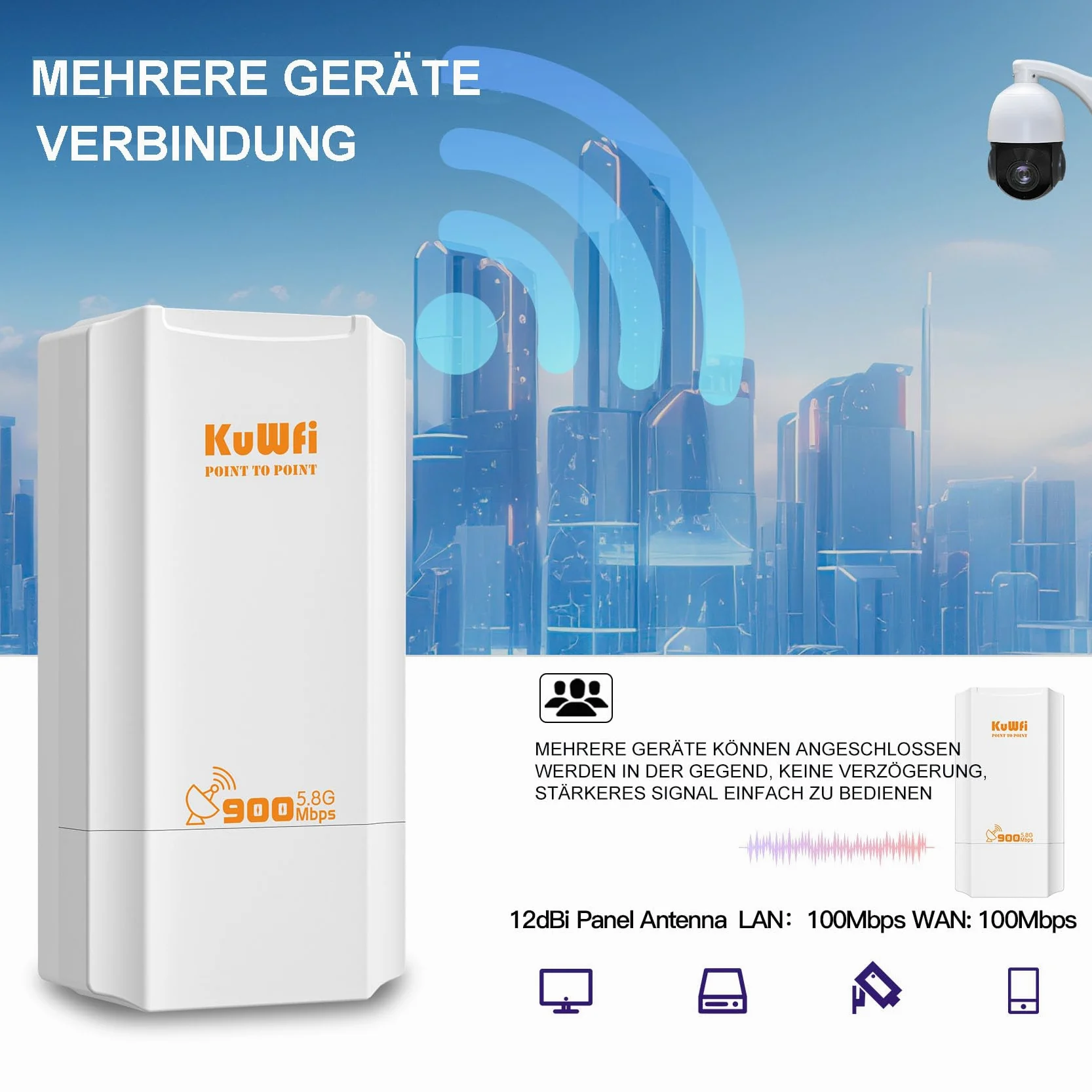 KuWFi Bridge WLAN 5,8 GHz, 900 Mbps Outdoor Wireless Bridges, 2 KM Point to Point WiFi Bridges,12 dBi Antenna 24 V PoE, IP65 Impermeabile Network Bridge per router Starlink/fotocamere/giardino/fienile