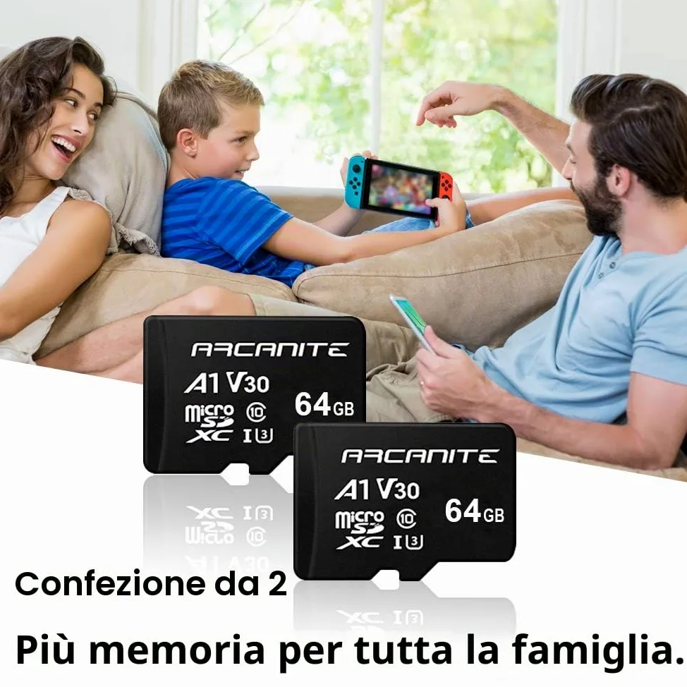ARCANITE, set da 2 schede di memoria microSDXC 64 GB, UHS-I U3, A1, V30, 4K, C10, MicroSD, Velocità di lettura fino a 90 MB/s