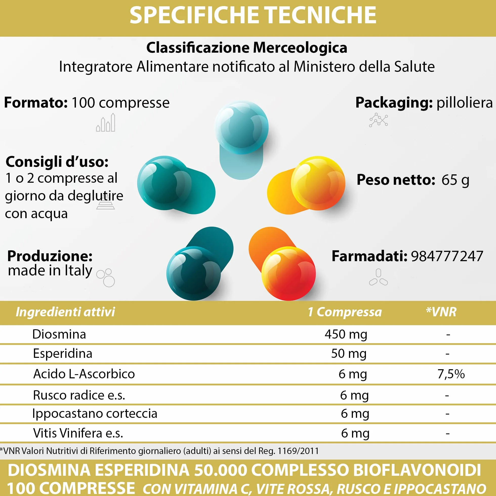 Diosmina Esperidina Complesso Bioflavonoidi 100 Compresse con Vitamina C, Vite Opc, Rusco, Ippocastano Integratore Circolazione Emorroidi Gambe