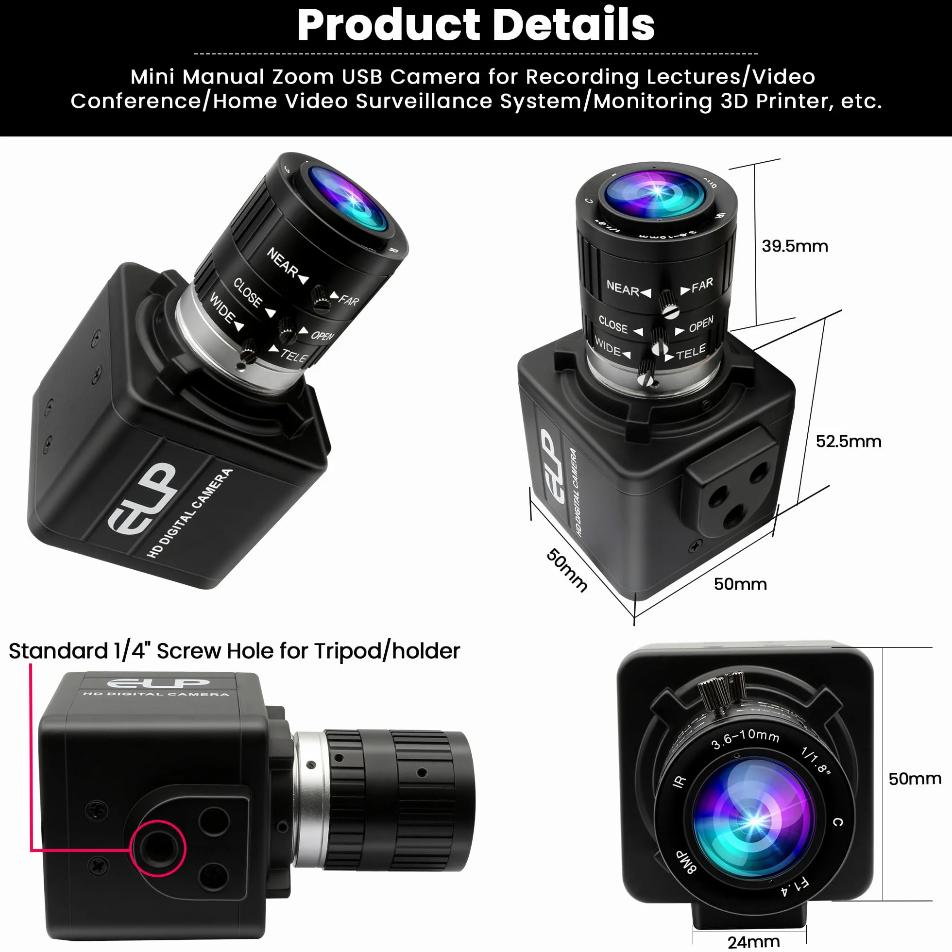 ELP Webcam con zoom manuale da 12 MP USB per computer 1080P 120fps Messa a fuoco variabile Lightburn Camera ad alta velocità 3.6-10mm Zoom 3X USB2.0 PC Cam Varifocal USB Security Webcam per