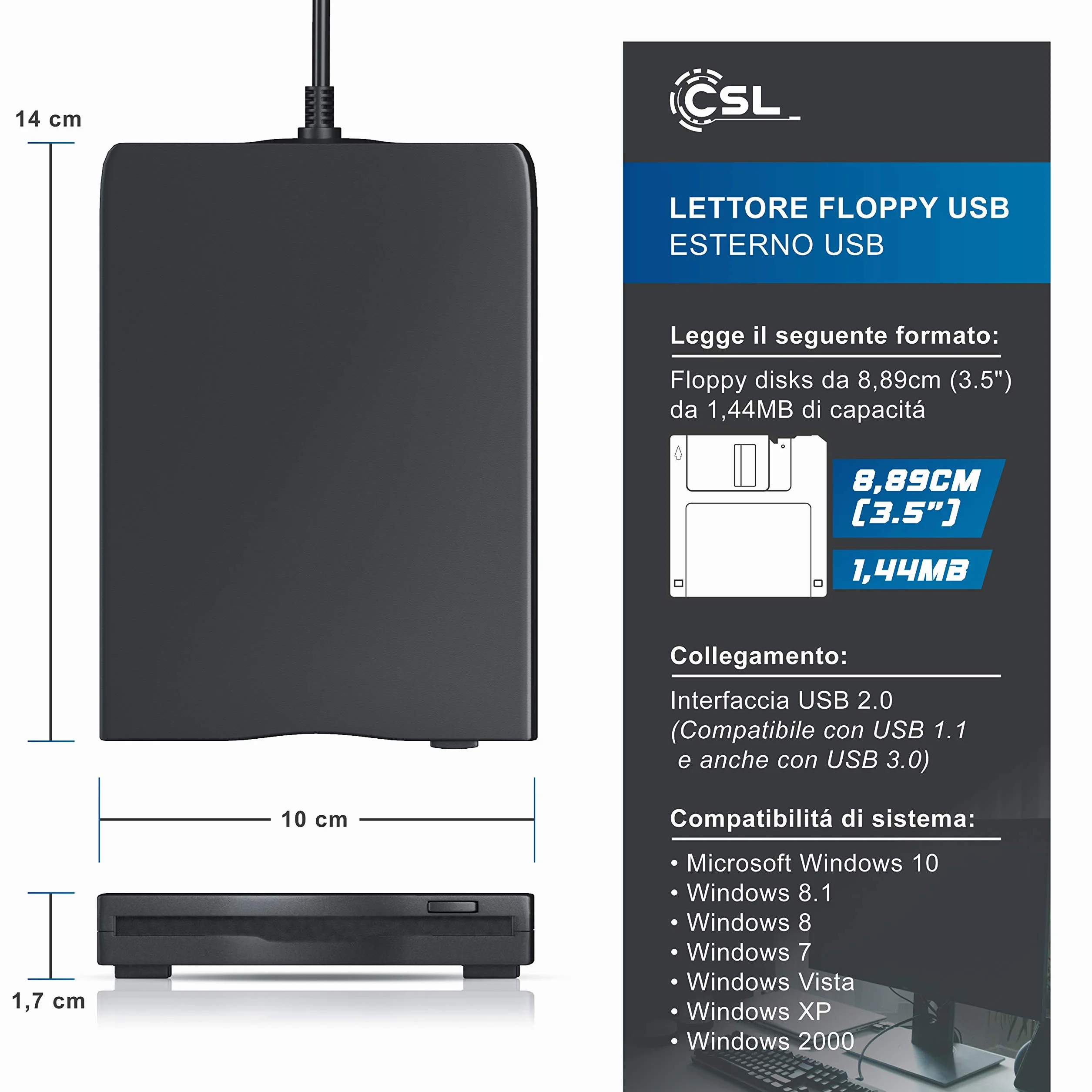CSL - Lettore Floppy Esterno USB FDD 1,44MB 3,5 Pollice - PC e Mac - Slimline Floppy Disk Drive Esterna - Portatile - Plug e Play - Nero - Compatibile con Windows 10