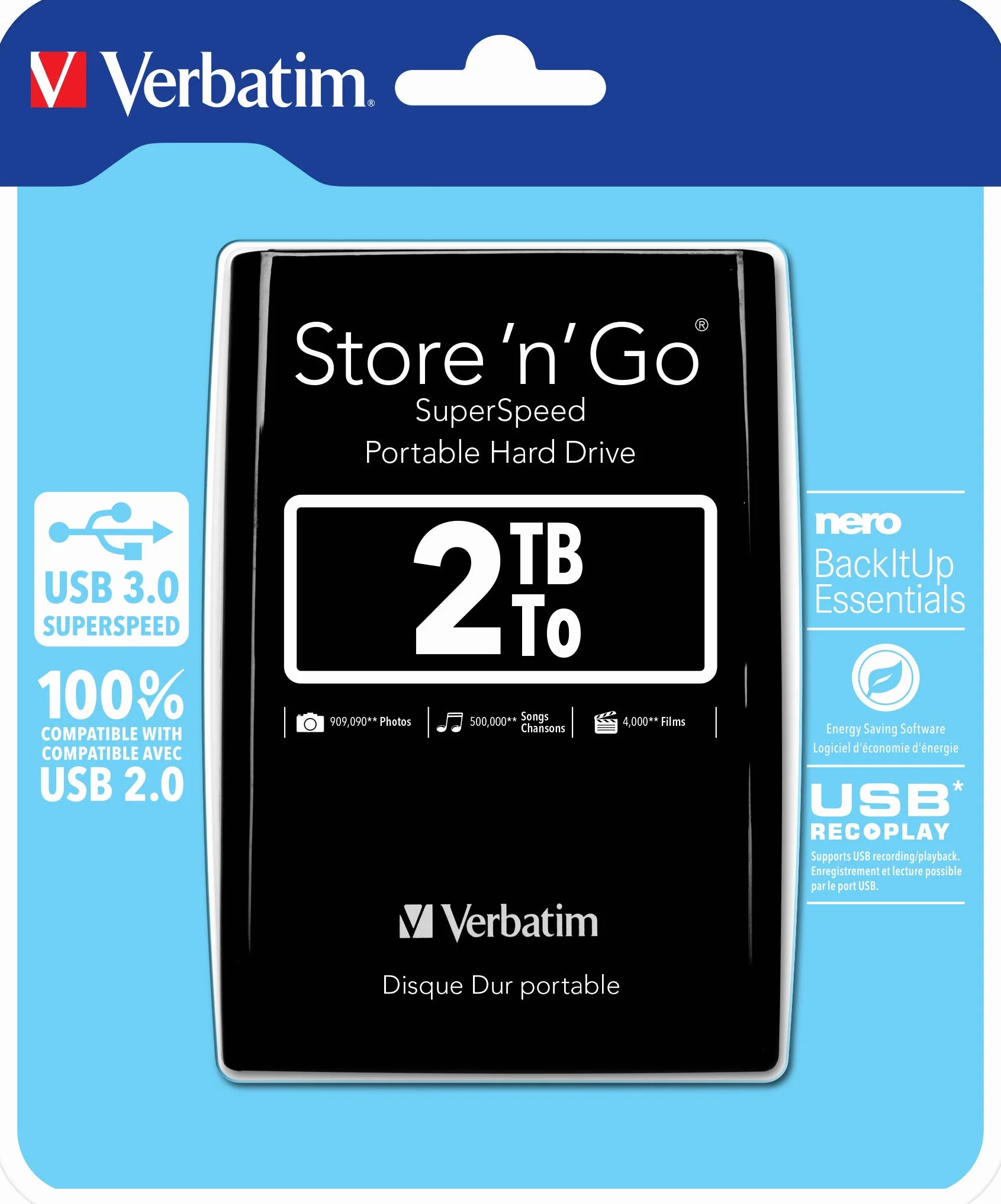 Verbatim Store 'N' Go - Hard Disk Esterno Portatile, USB 3.0, Nero, 2 Tb