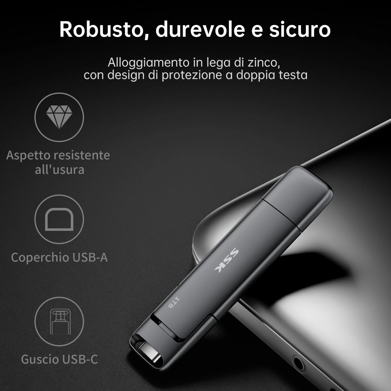 SSK Hard disk esterno USB C SSD da 256 GB, con fino a 1000 MB/s, chiavetta USB veloce, doppia USBC+USBA USB 3.2 Gen2 per iPhone 15/PS4/Android Phone/Tablet/Windows/Mac