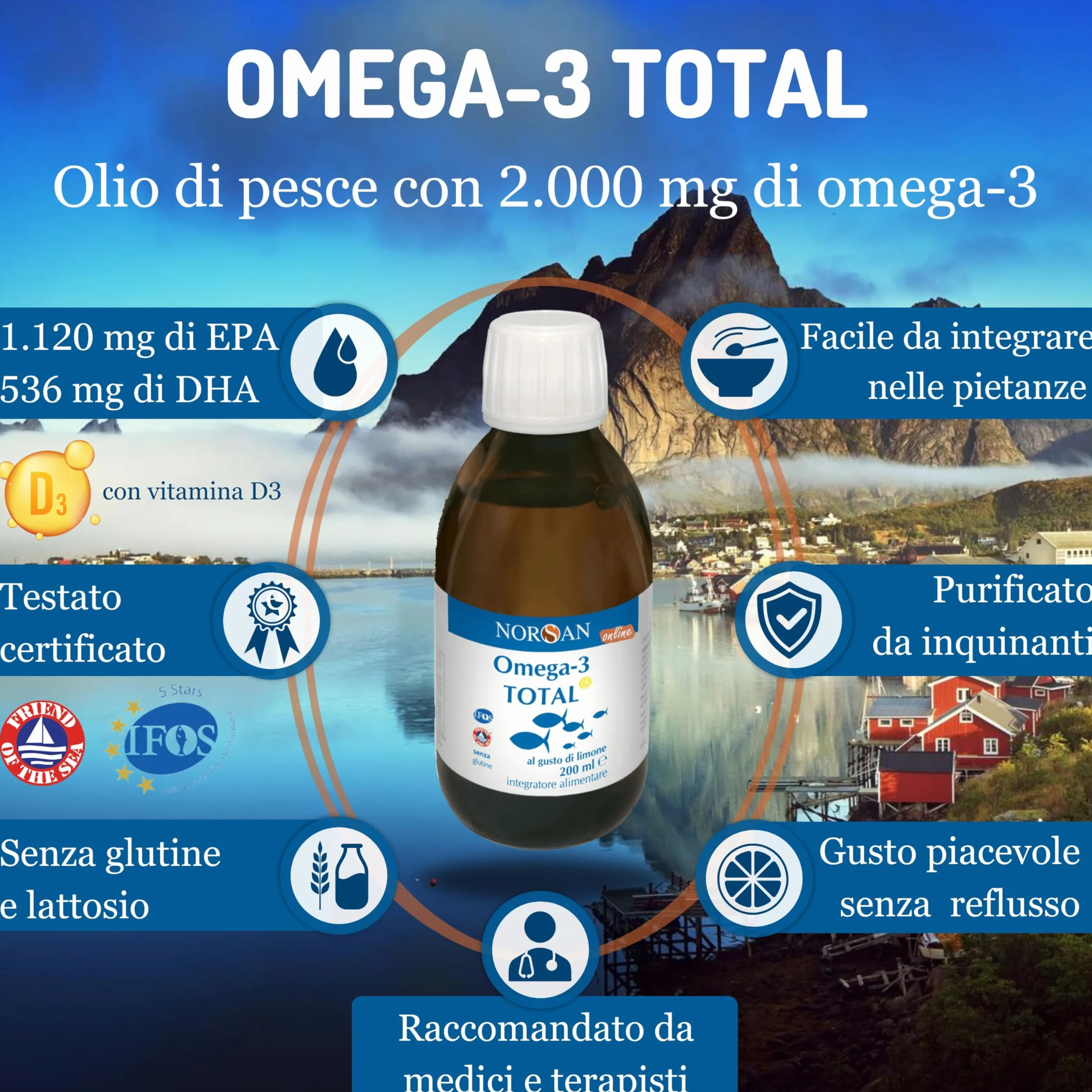 NORSAN TOTAL Omega 3 IFOS senza reflusso 2000mg Olio di pesce Omega 3 EPA DHA Vitamina D3 200 ml