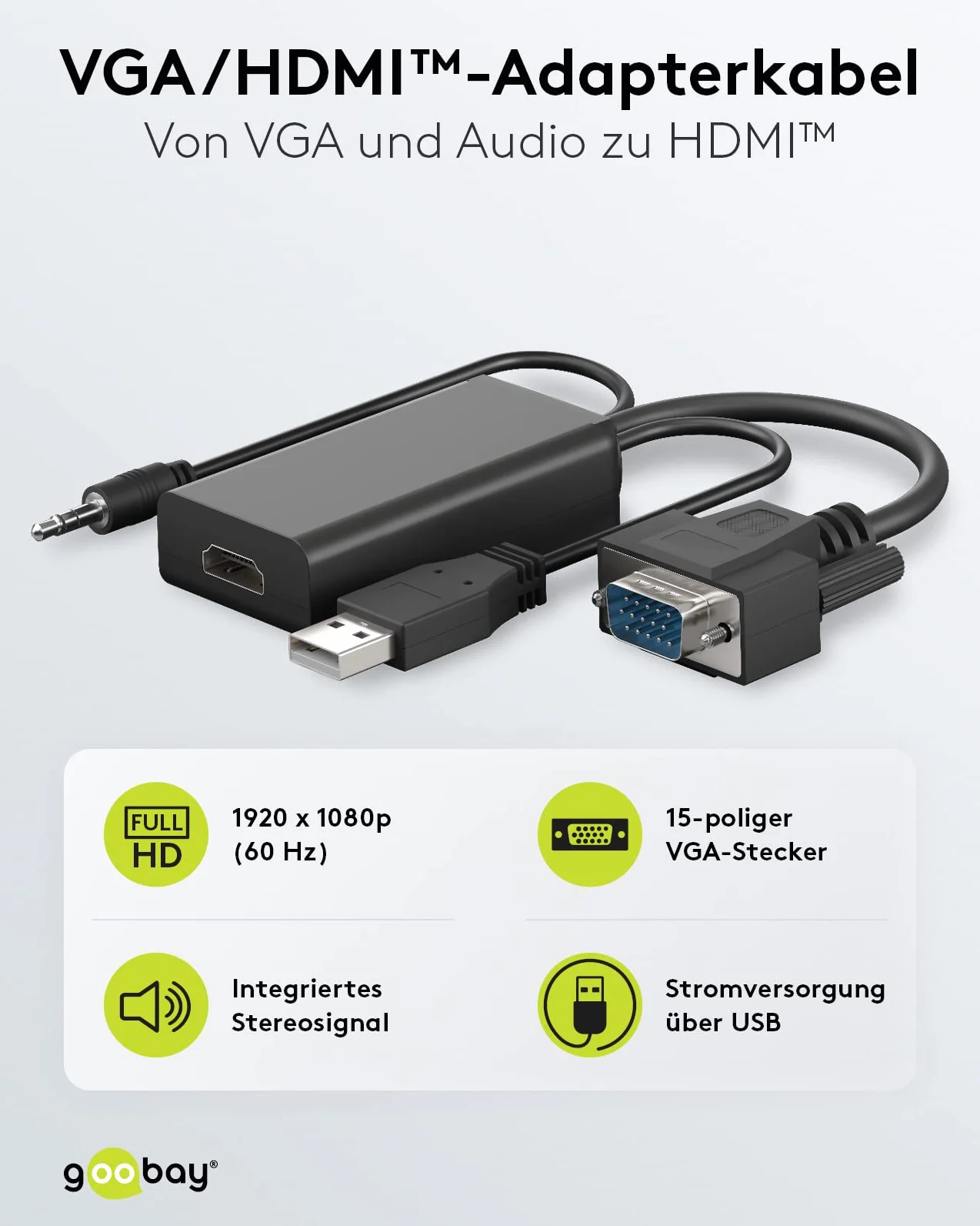 Goobay 61259 Adattatore VGA a HDMI per Full HD 1080p @ 60Hz - Converte VGA e Audio a Segnali HDMI - Cavo Monitor Nero