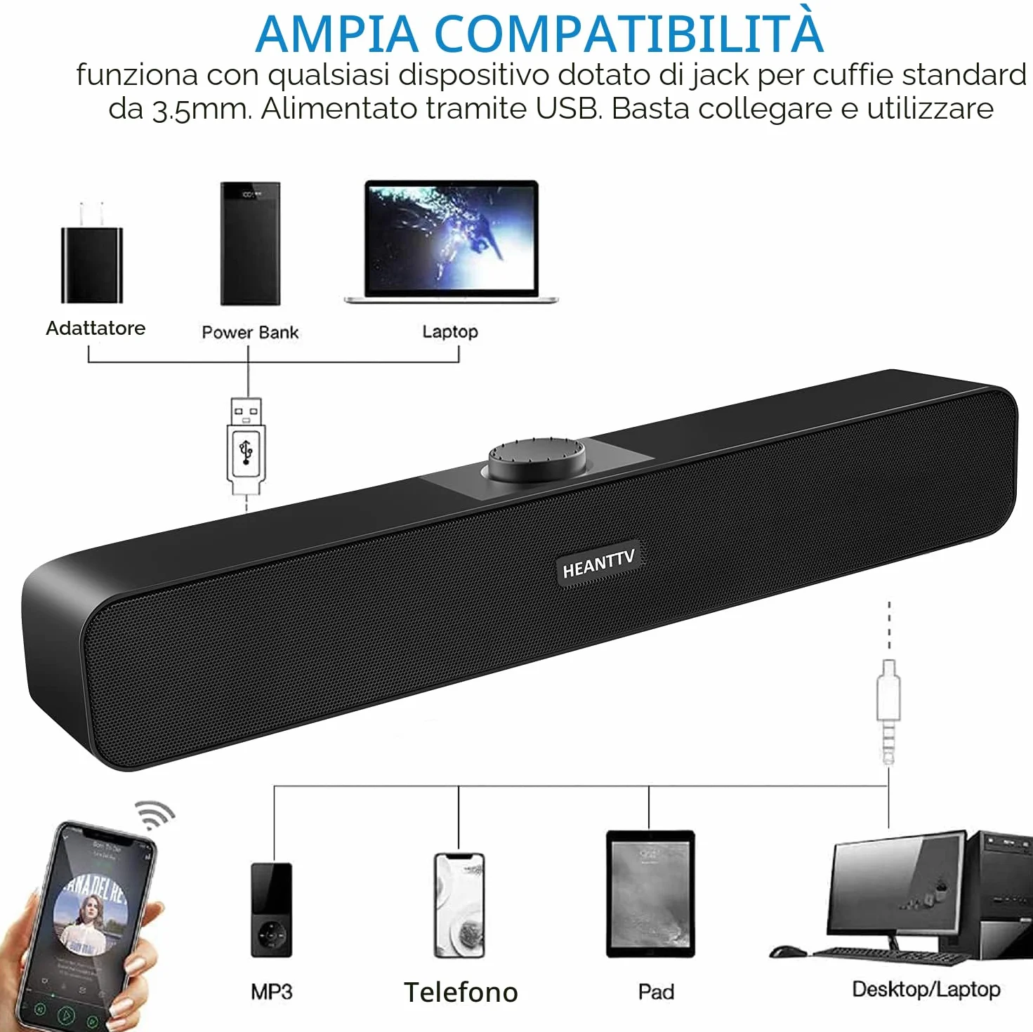 HEANTTV Altoparlanti per Computer USB Stereo Desktop Speakers (USB+3.5mm)