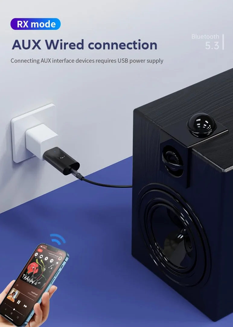 Ricetrasmettitore 5.3 Adattatore USB 2 in 1, adattatore USB Bluetooth, adattatore USB wireless AUX da 3,5 mm, bassa latenza, microfono integrato, streaming musicale, chiamate in vivavoce,