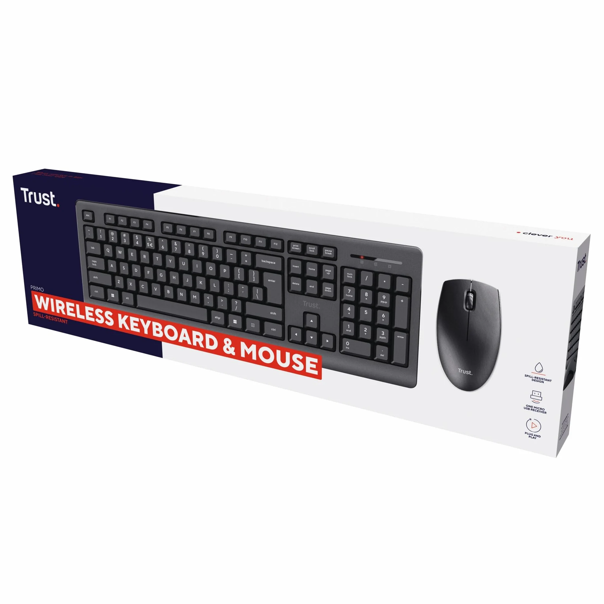 Trust Primo, set di mouse senza fili, layout tedesco QWERTZ, tasti piatti, resistente agli spruzzi, mouse wireless ambidestro con ricevitore USB, tastiera wireless per PC, computer laptop Mac