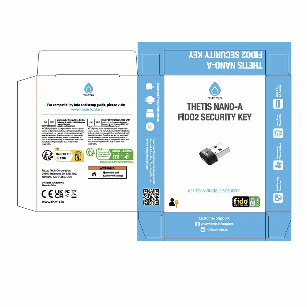 Thetis Nano-A FIDO2 Security Key Hardware Passkey Dispositivo con USB Tipo A, TOTP/HOTP, FIDO2.0 Autenticazione a due fattori 2FA MFA, funziona con Windows/Mac/iOS/Android/Linux/Gmail/Facebook/GitHub