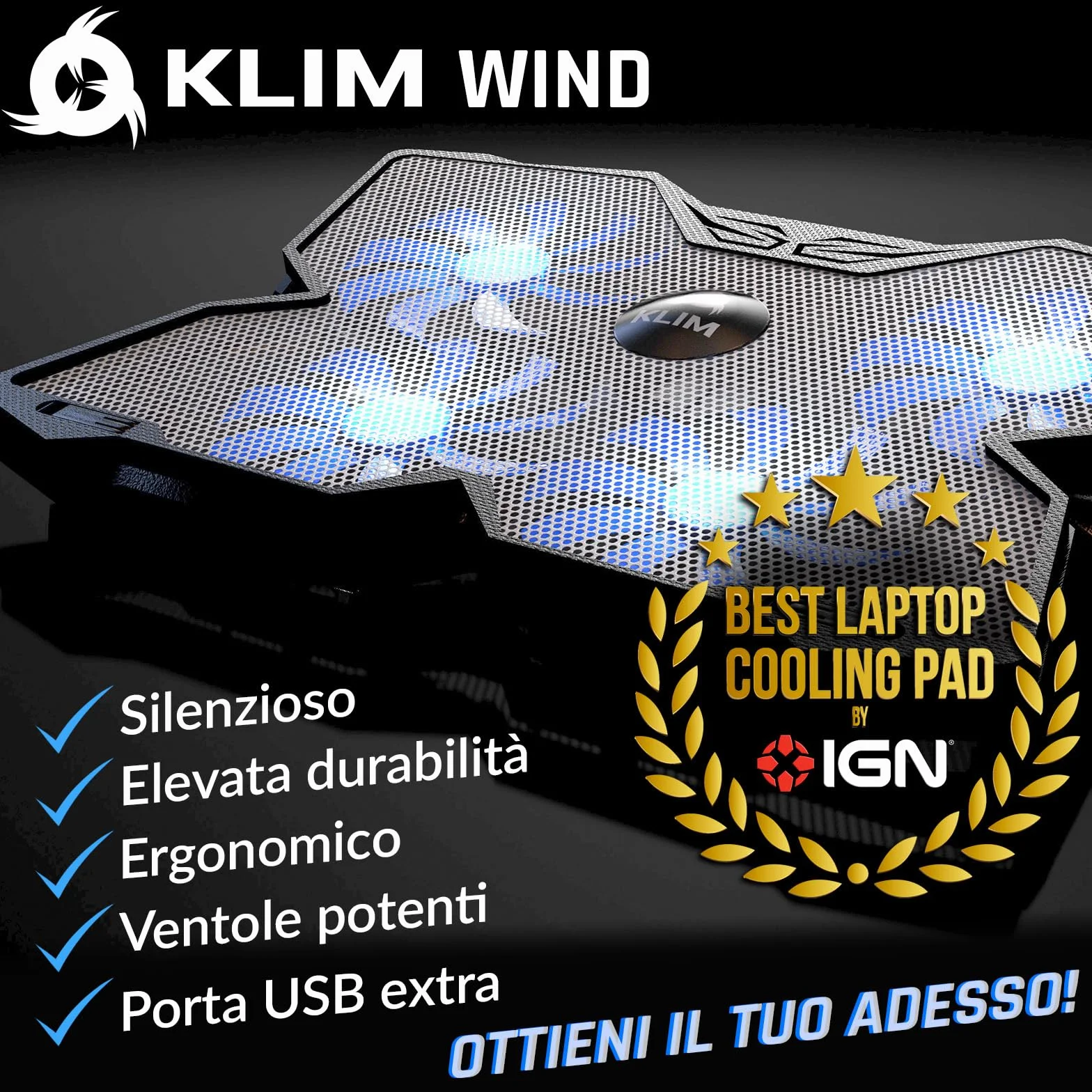 KLIM Wind Base di raffreddamento PC Portatile 1200 RPM Metal White 2024
