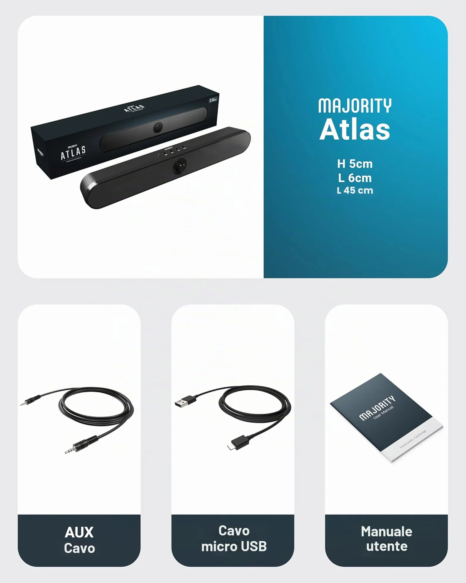 Majority Atlas Soundbar PC Portatile e Ricaricabile 20W Bluetooth AUX SD USB per Laptop TV