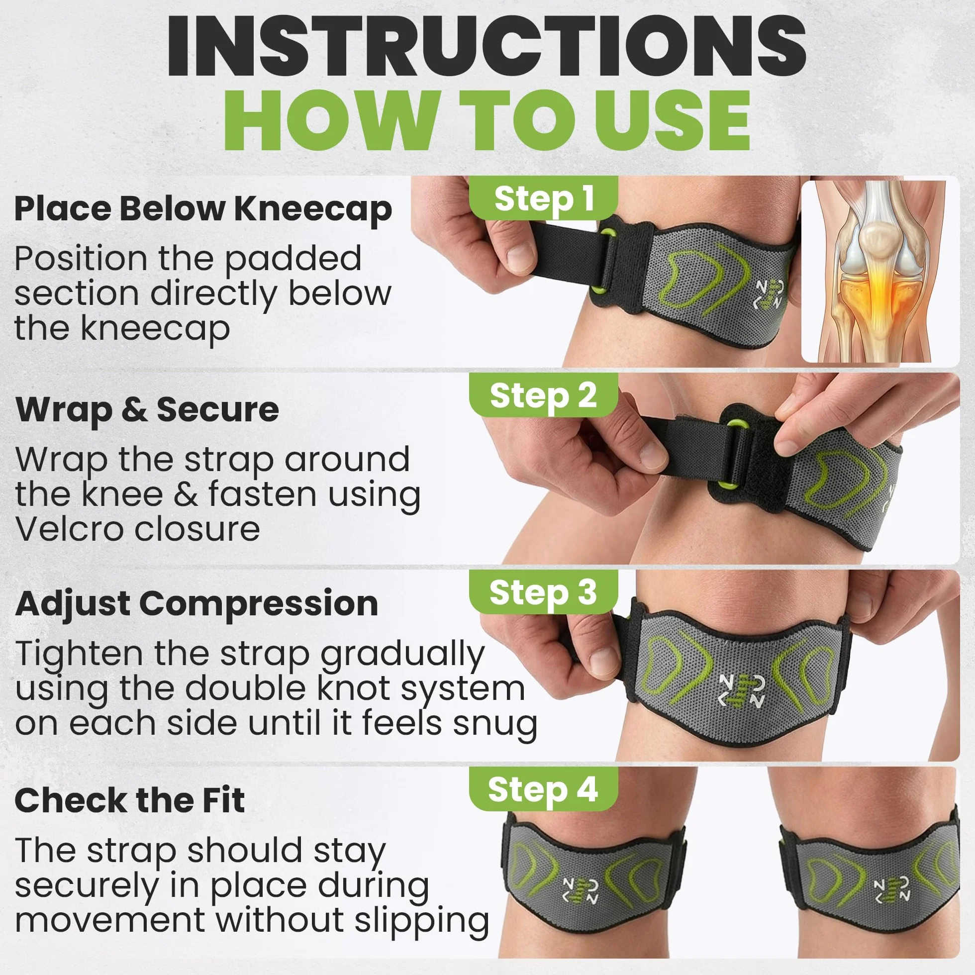 Ginocchiera Ortopedica Sottorotulea con Cinturino - Tutore Ginocchio Stabilizzante per Sport, Corsa, Menisco (Verde)