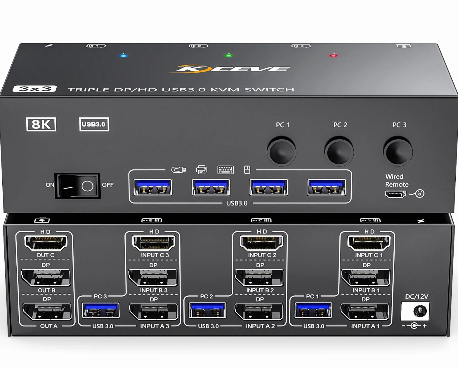USB 3.0 Switch KVM 3 PC 3 Monitor 8K@60Hz 4K@144Hz, MLEEDA HDMI+2 Displayport Switch KVM 3 PC Condividi 3 Monitor e 4 Dispositivi USB 3.0, con Alimentatore da 12V DC, Telecomando Cablato e 3 Cavi USB