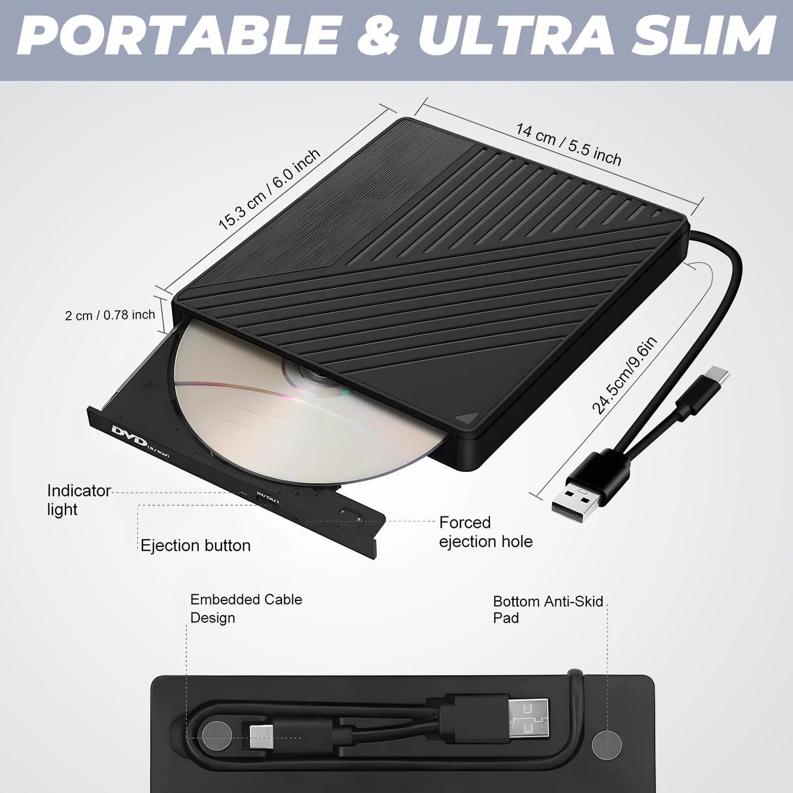 Masterizzatore DVD Esterno, lettore cd esterno per pc portatile, con lettore di schede SD/TFper PC, computer portatile, desktop, Windows 7/8.1/10, sistema operativo Linux