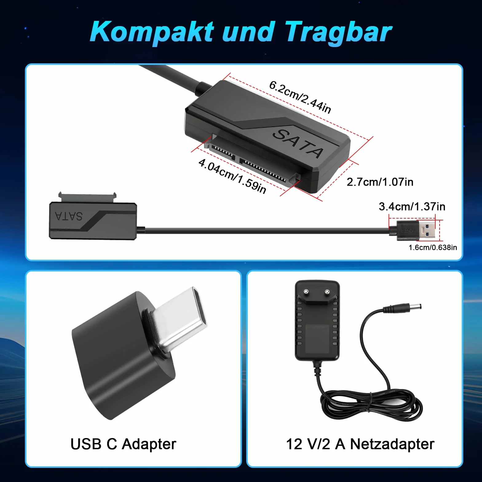 Adattatore Sata to USB 3.0 per Disco Rigido 2.5" 3.5" HDD SSD Convertitore SATA III II I Alimentazione DC 12V 2A UASP