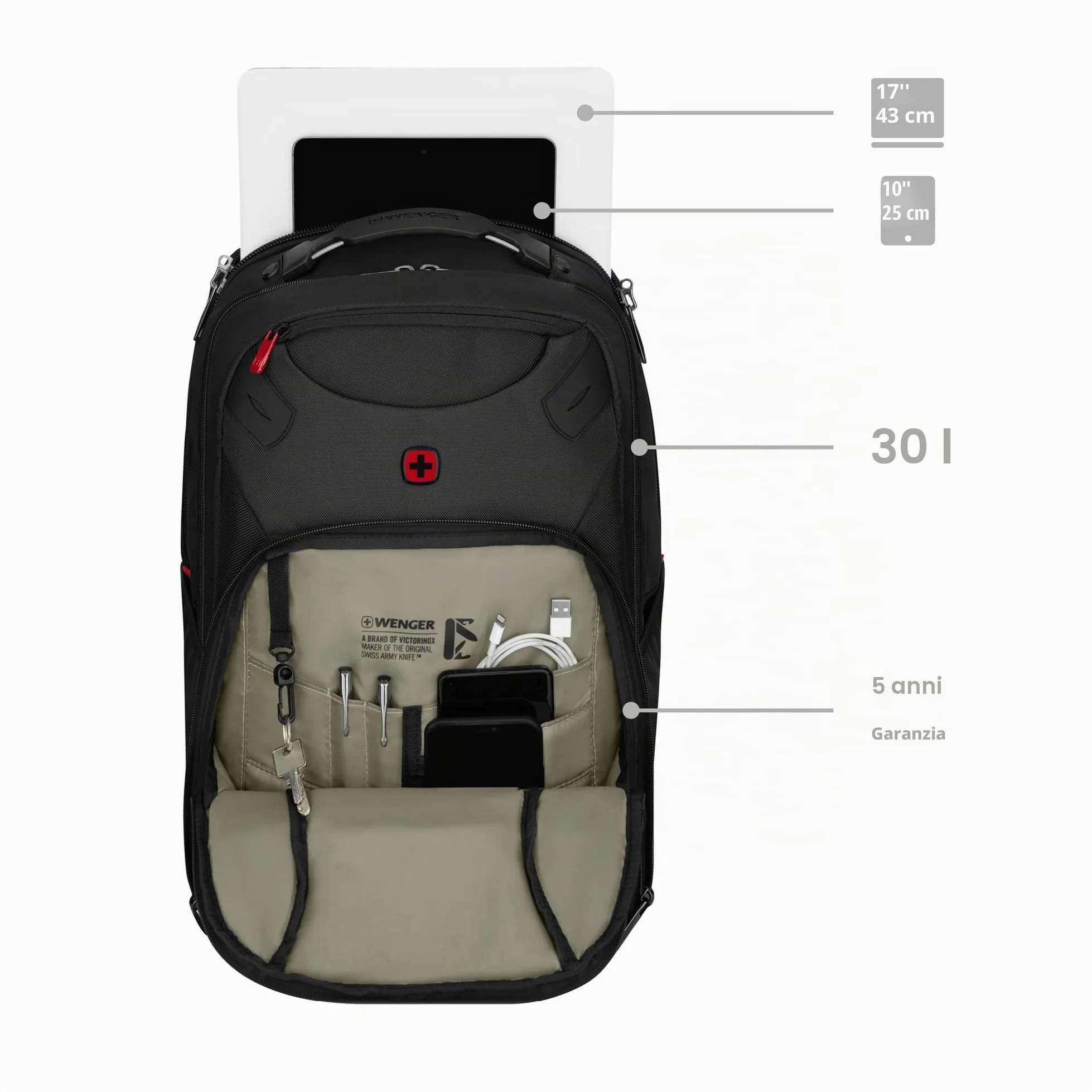 WENGER Zaino Porta PC Cosmic, Notebook 17”, Tablet 10”, 30 l, Organizer, Uomo Donna, Ufficio Viaggi di Lavoro Università, Nero, 653187