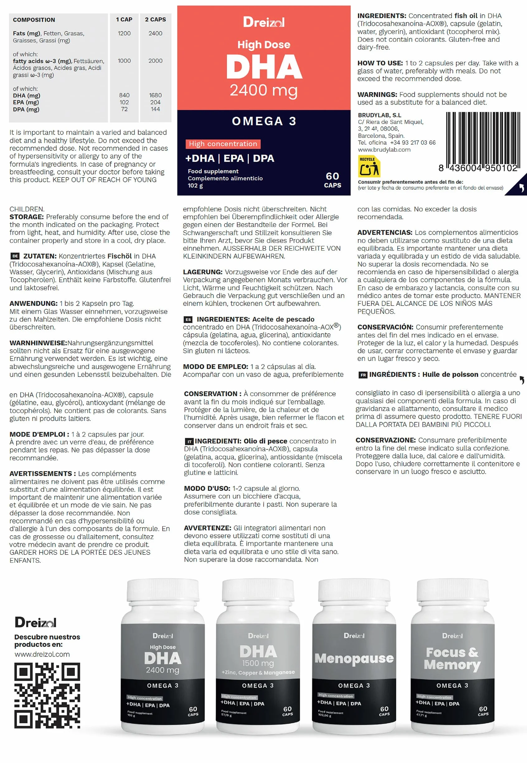 Brudy Lab Omega 3 2400 mg DHA High Dose Capsule – Olio di pesce concentrato 60 capsule
