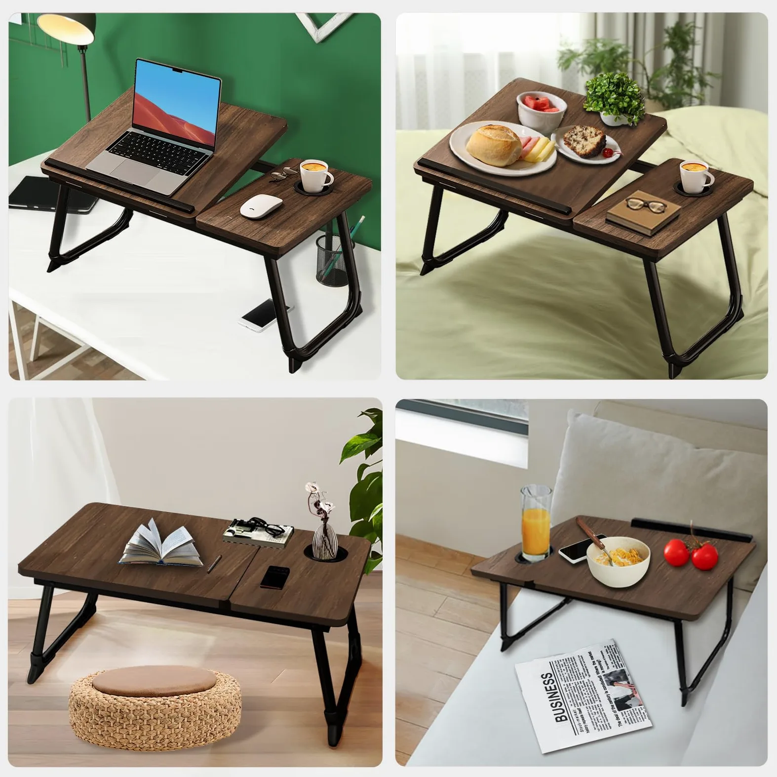 Tavolo per computer portatile da letto, pieghevole, tavolo da letto per laptop, tavolo per notebook, vassoio da letto, vassoio per la colazione, tavolo da letto pieghevole, lapdesk, marrone