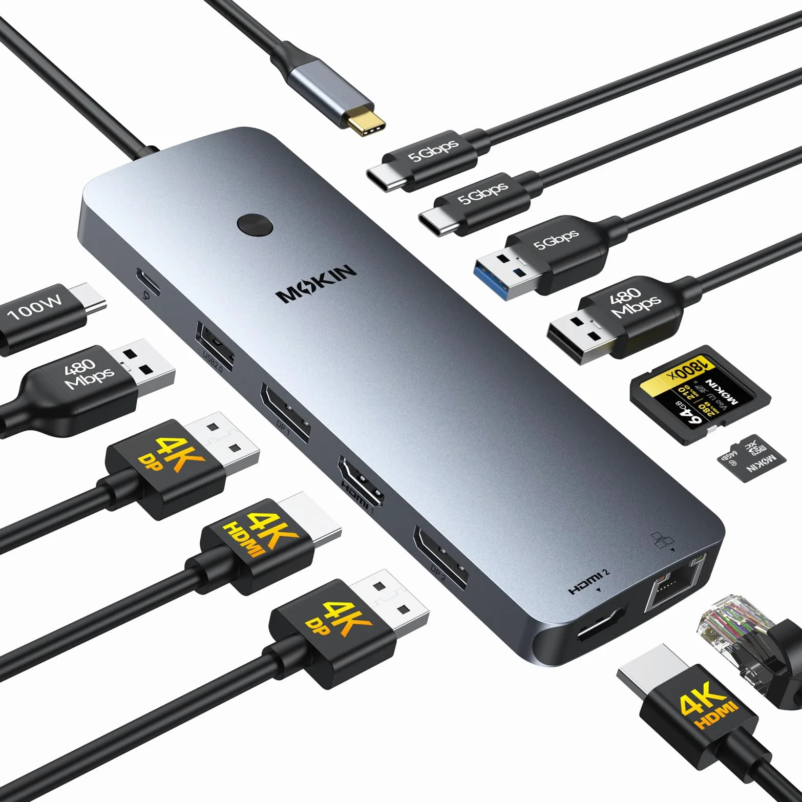 MOKiN Adattatore per docking station USB C triplo monitor per Windows, Dual HDMI 4K, DisplayPort, VGA, ricarica PD da 100 W, Gigabit Ethernet, 3 x USB 3.0, hub USB-C per laptop e Mac