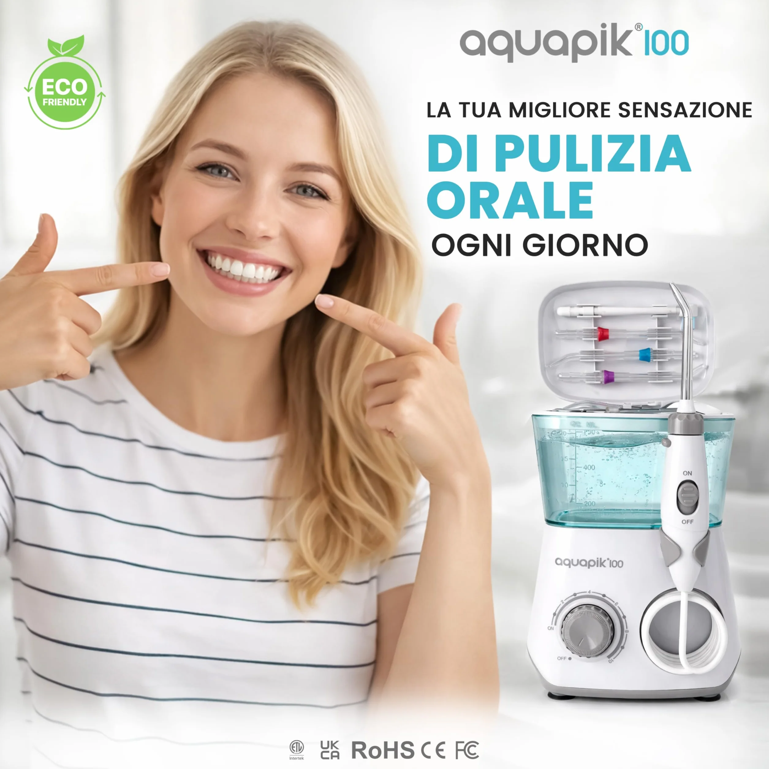 Aquapik 100 Idropulsore Dentale Professionale Irrigatore Orale 8 Ugelli Multifunzione 10 Impostazioni Pressione Serbatoio 600 ml Pulizia Interdentale Bianco