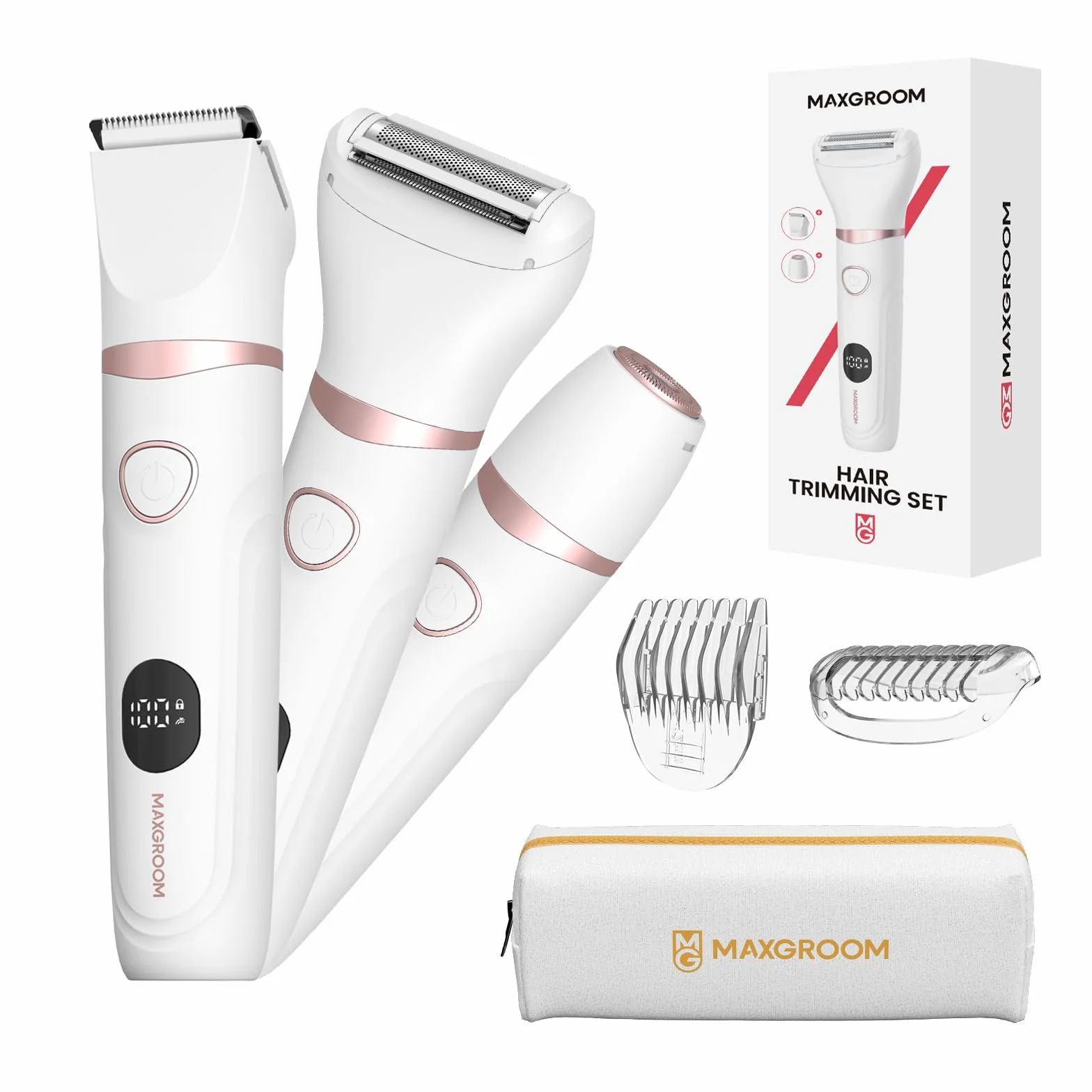 MAXGROOM Rasoio Elettrico Donna 3-in-1 Impermeabile Depilatore Corpo Lama Ceramica Ricarica Rapida Type-C Led Display