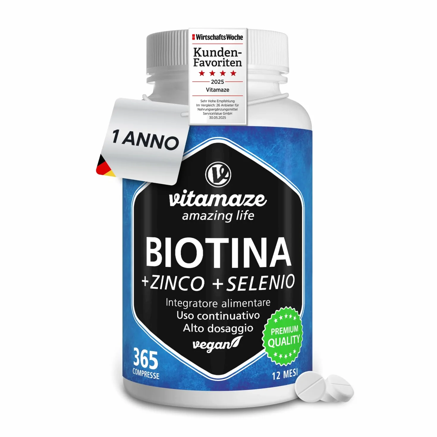 Vitamaze® Biotina Anticaduta Capelli 365 Giorni – Integratore Capelli Alto Assorbimento con Zinco e Selenio