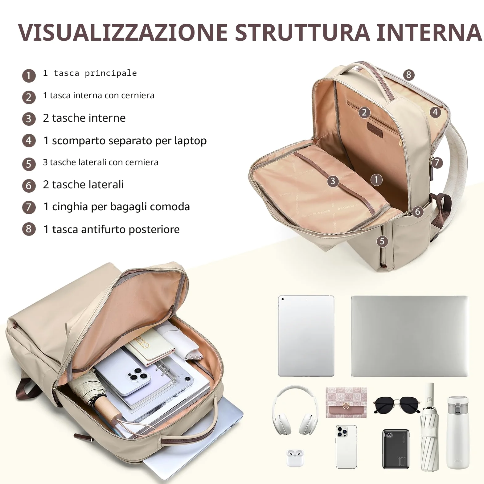 Zaino da Viaggio 16 Pollici Borse da Cabina per Ryanair Bagaglio a Mano Zaino Borsa, Zaino da Trekking Uomo, Zaino Casual per Laptop per Scuola,Albicocca