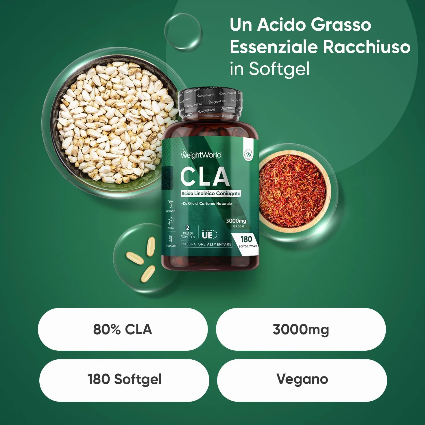 CLA 3000mg per Dose 180 Softgel Vegane 80% Acido Linoleico Coniugato Integratore Alimentare Senza Glutine