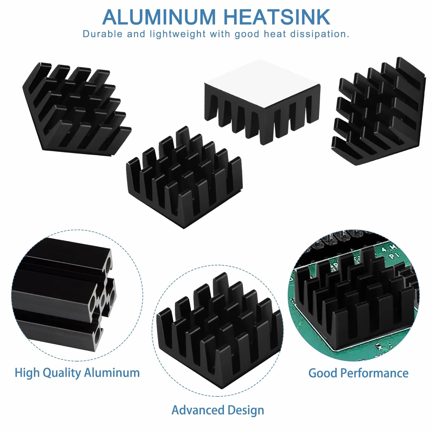 VooGenzek 20 Pezzi Alluminio Dissipatore di Calore, Dissipatore per Transistor, Aletta di Raffreddamento, con Nastro Adesivo Termico, per Raffreddamento dei Componenti Elettronici, 14*14*7 mm, Nero