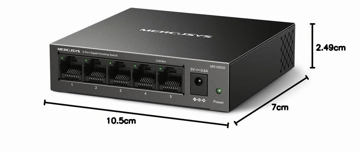 TP-Link Mercusys MS105GS Switch Ethernet 5 Porte Gigabit, Sdoppiatore Ethernet, Switch Gigabit per la Casa e l'Ufficio, Plug e Play, Montaggio Desktop, Cassa in Metallo, Durevole e Silenzioso
