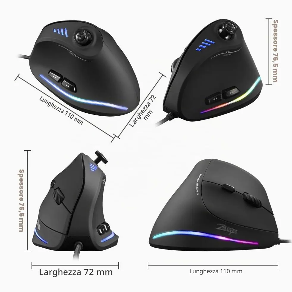 Zelotes Mouse verticale con barra di controllo, mouse ergonomico 10.000 dpi, 11 pulsanti RGB, mouse da gioco cablato ottico per computer portatile, PC, nero