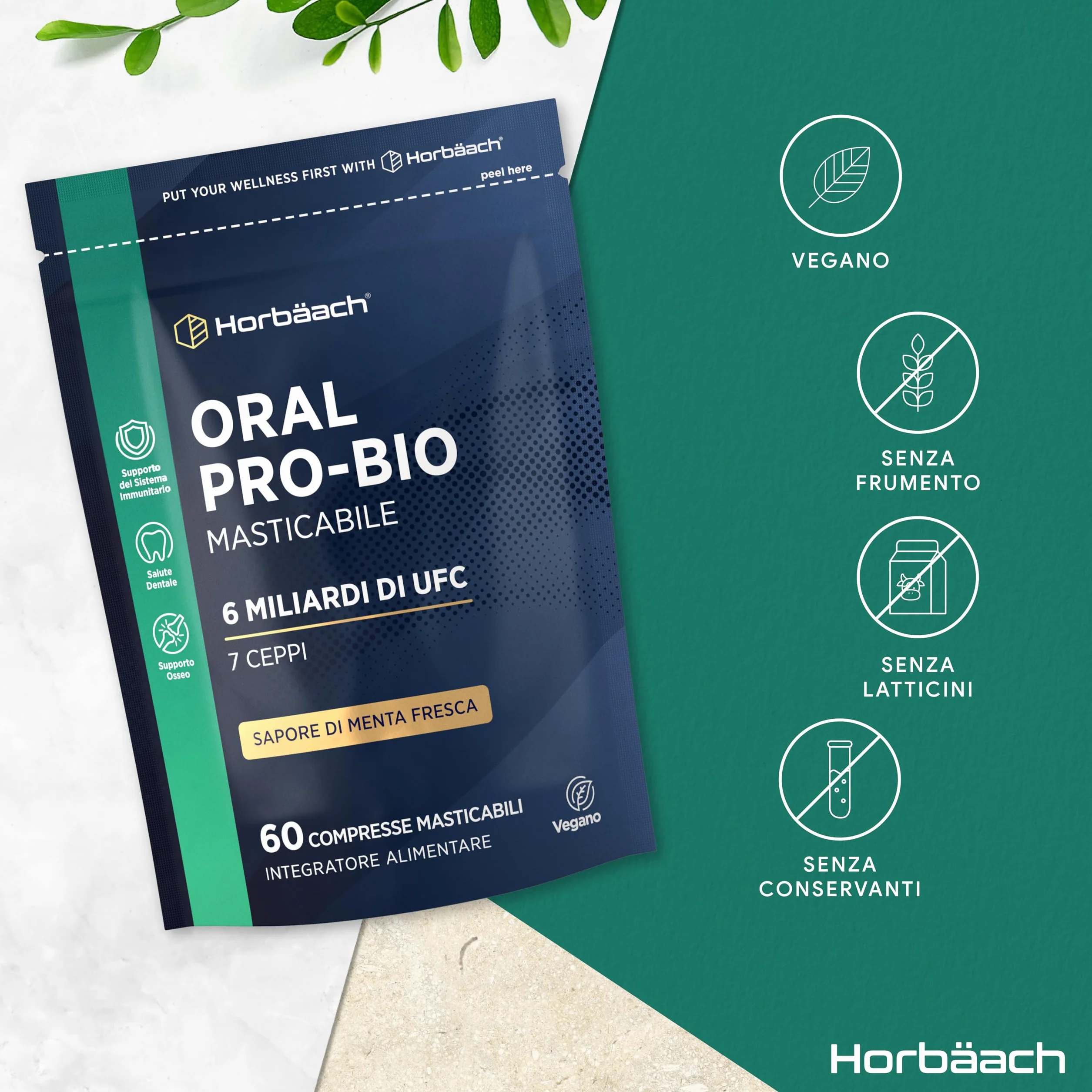 Horbaach Probiotici Orali 60 Compresse Masticabili Vegane Sapore Menta Integratore Alitosi Lactobacillus Acidophilus Reuteri 6 Miliardi CFU