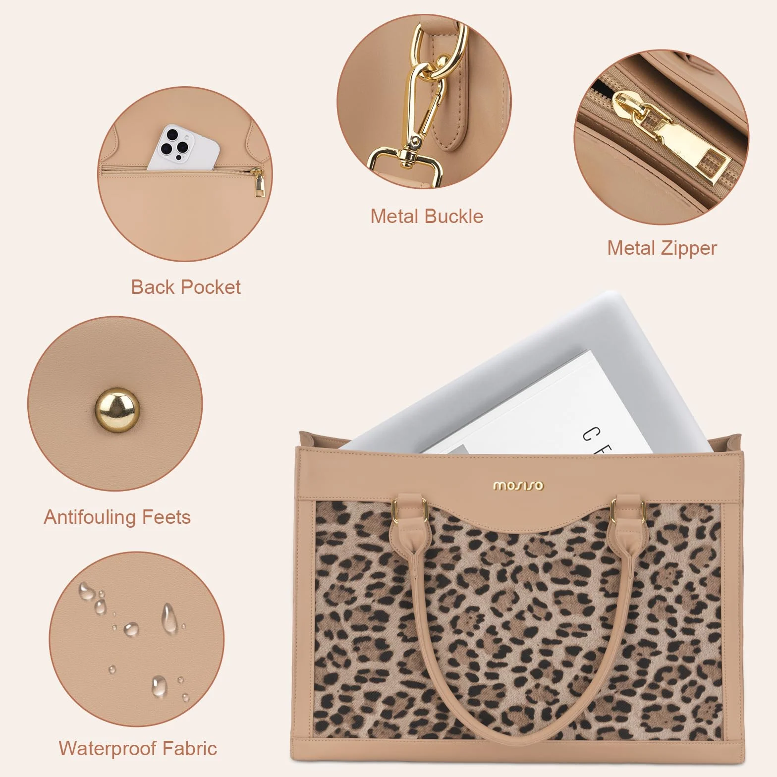 MOSISO 15,6 Pollici Borsa Tote Laptop con Grande Capacita, Custodia Laptop Pelle PU con Grana Leopardata Donna e Pochette, Borsa Computer Impermeabile, Valigetta Lavoro Ufficio, Albicocca